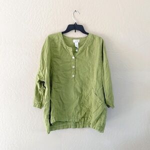 Light Green Button-Front Linen Tunic Top